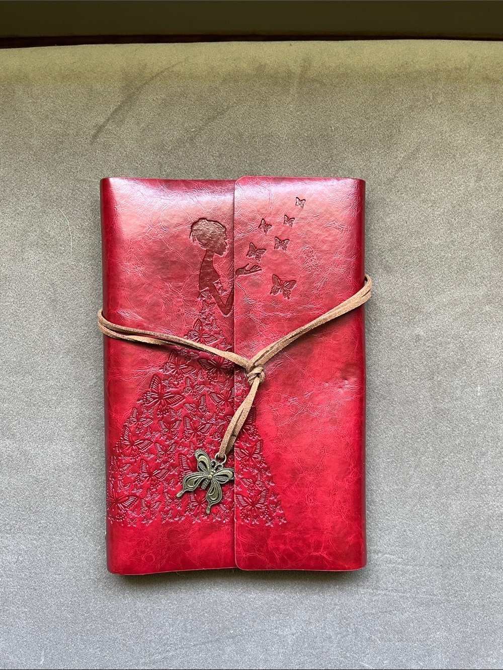 Embossed Red Butterfly Girl Faux Leather Journal